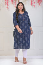Plus Size Navy Blue Cotton Floral Print Straight Kurta-698
