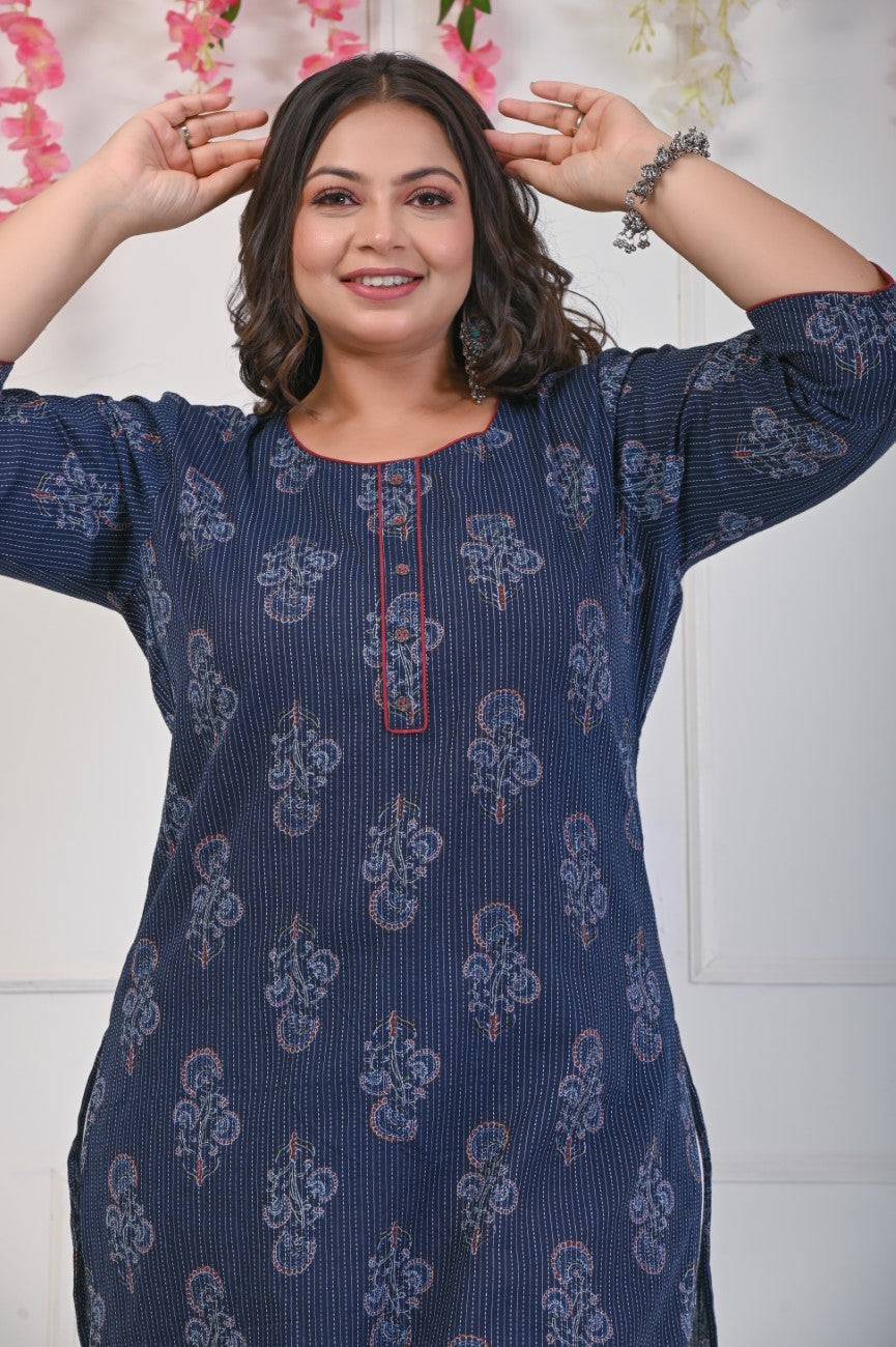 Plus Size Navy Blue Cotton Floral Print Straight Kurta-698