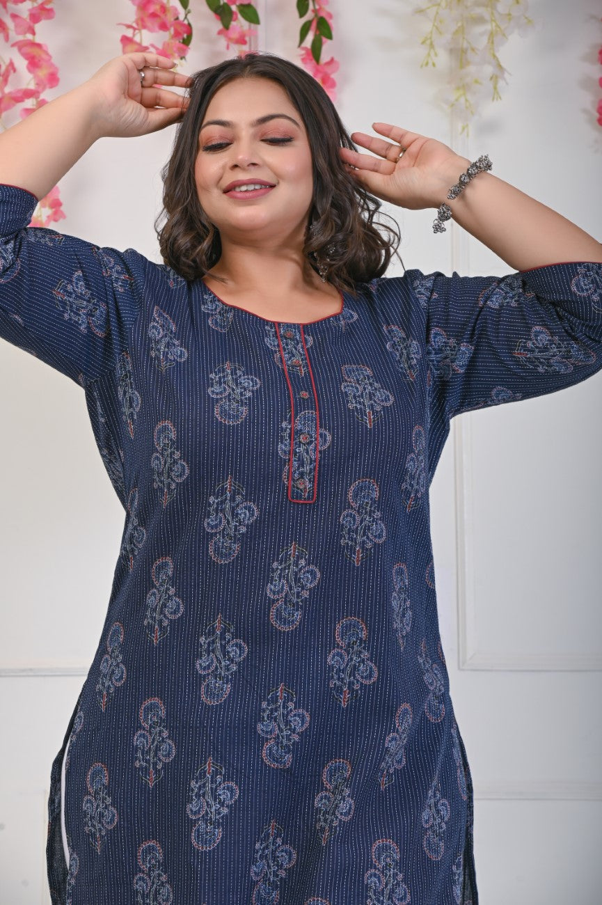 Plus Size Navy Blue Cotton Floral Print Straight Kurta-698