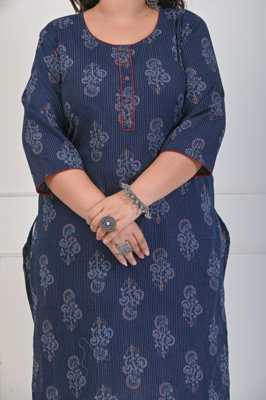 Plus Size Navy Blue Cotton Floral Print Straight Kurta-698