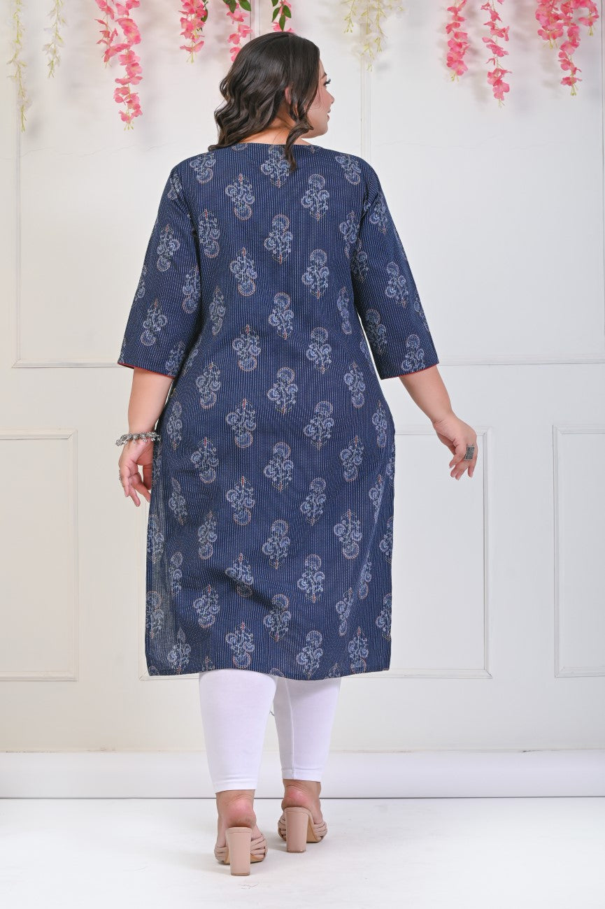 Plus Size Navy Blue Cotton Floral Print Straight Kurta-698