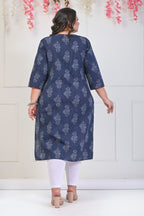 Plus Size Navy Blue Cotton Floral Print Straight Kurta-698