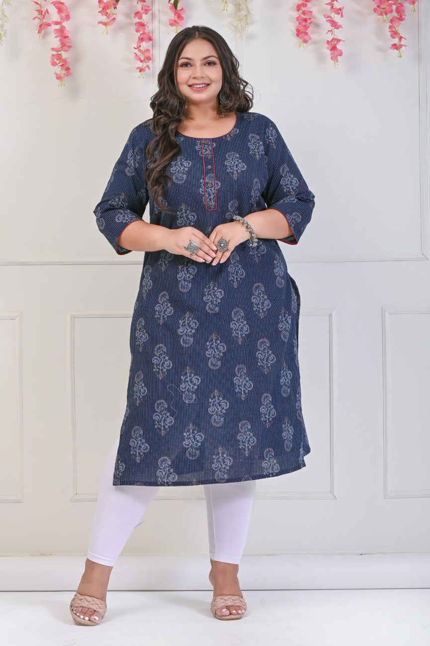 Plus Size Navy Blue Cotton Floral Print Straight Kurta-698