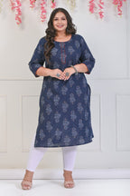 Plus Size Navy Blue Cotton Floral Print Straight Kurta-698