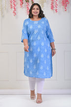 Plus Size Sky Blue Cotton Floral Print Straight Kurta-699