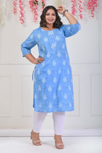 Plus Size Sky Blue Cotton Floral Print Straight Kurta-699