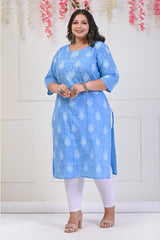 Plus Size Sky Blue Cotton Floral Print Straight Kurta-699