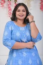 Plus Size Sky Blue Cotton Floral Print Straight Kurta-699