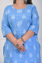 Plus Size Sky Blue Cotton Floral Print Straight Kurta-699