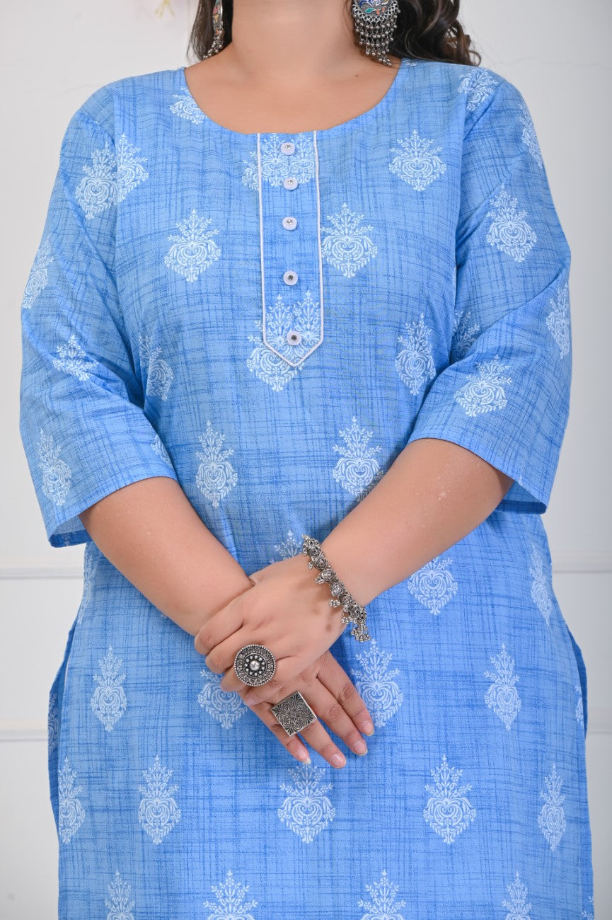 Plus Size Sky Blue Cotton Floral Print Straight Kurta-699