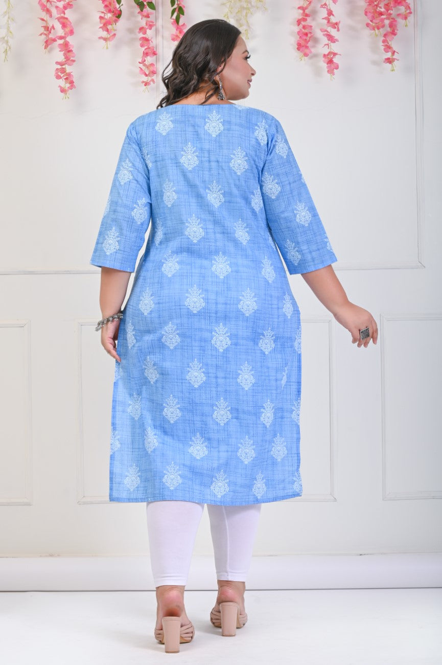 Plus Size Sky Blue Cotton Floral Print Straight Kurta-699