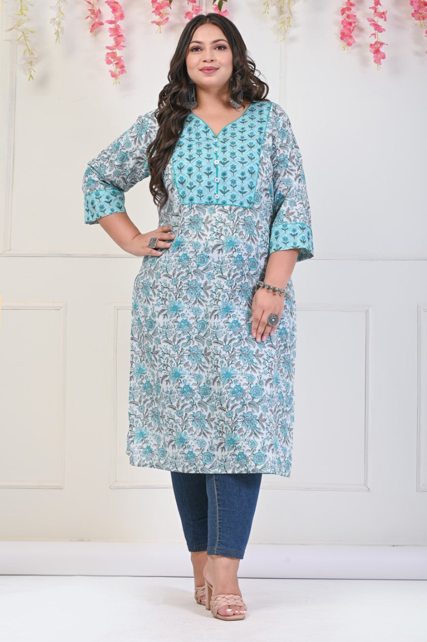 Plus Size White Cotton Floral Print Straight Kurta-700