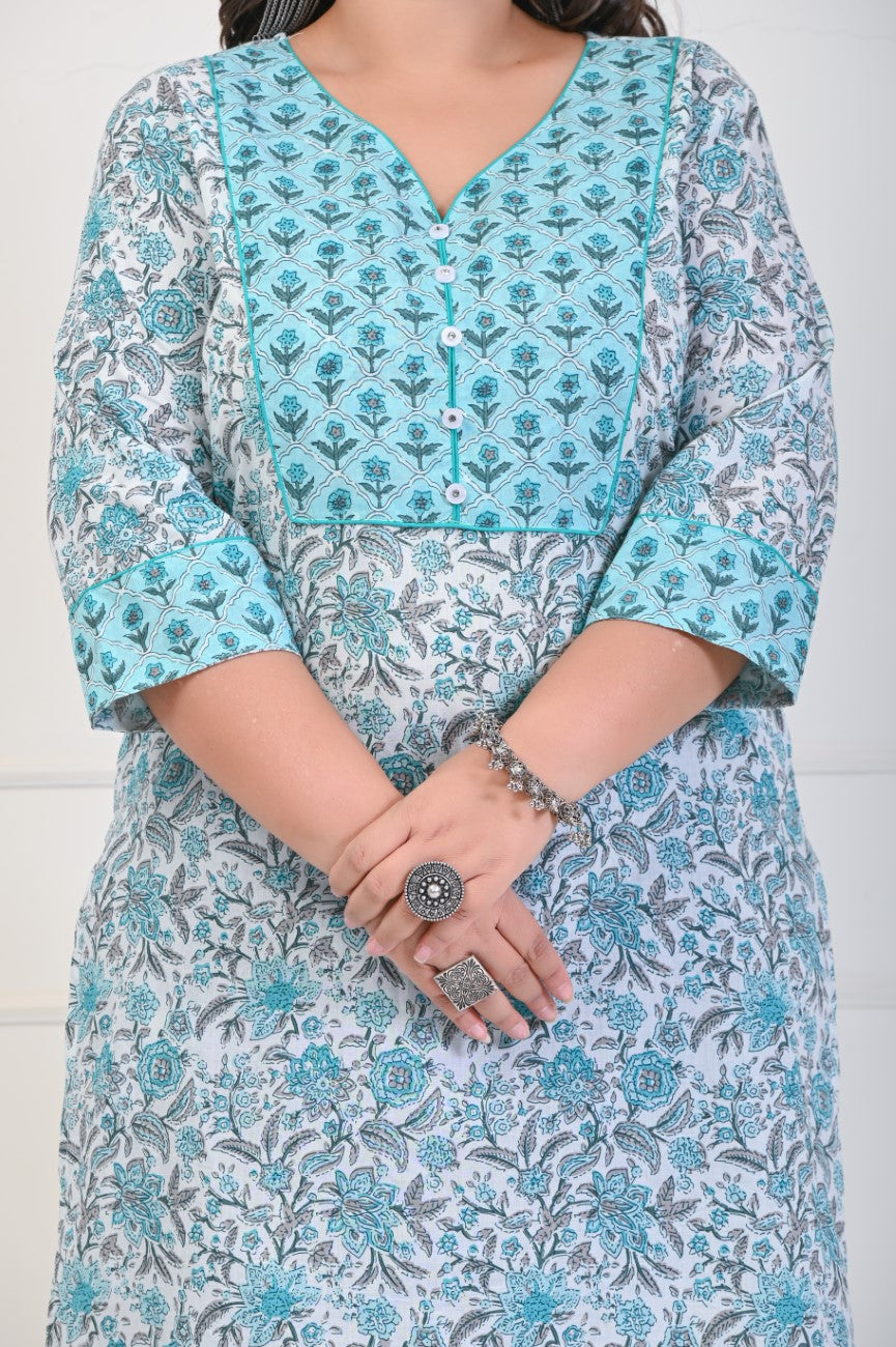 Plus Size White Cotton Floral Print Straight Kurta-700
