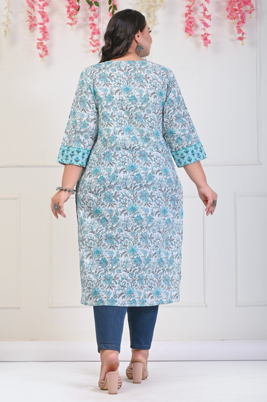 Plus Size White Cotton Floral Print Straight Kurta-700