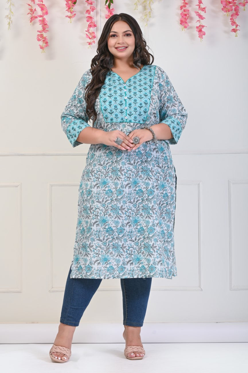 Plus Size White Cotton Floral Print Straight Kurta-700 Main image