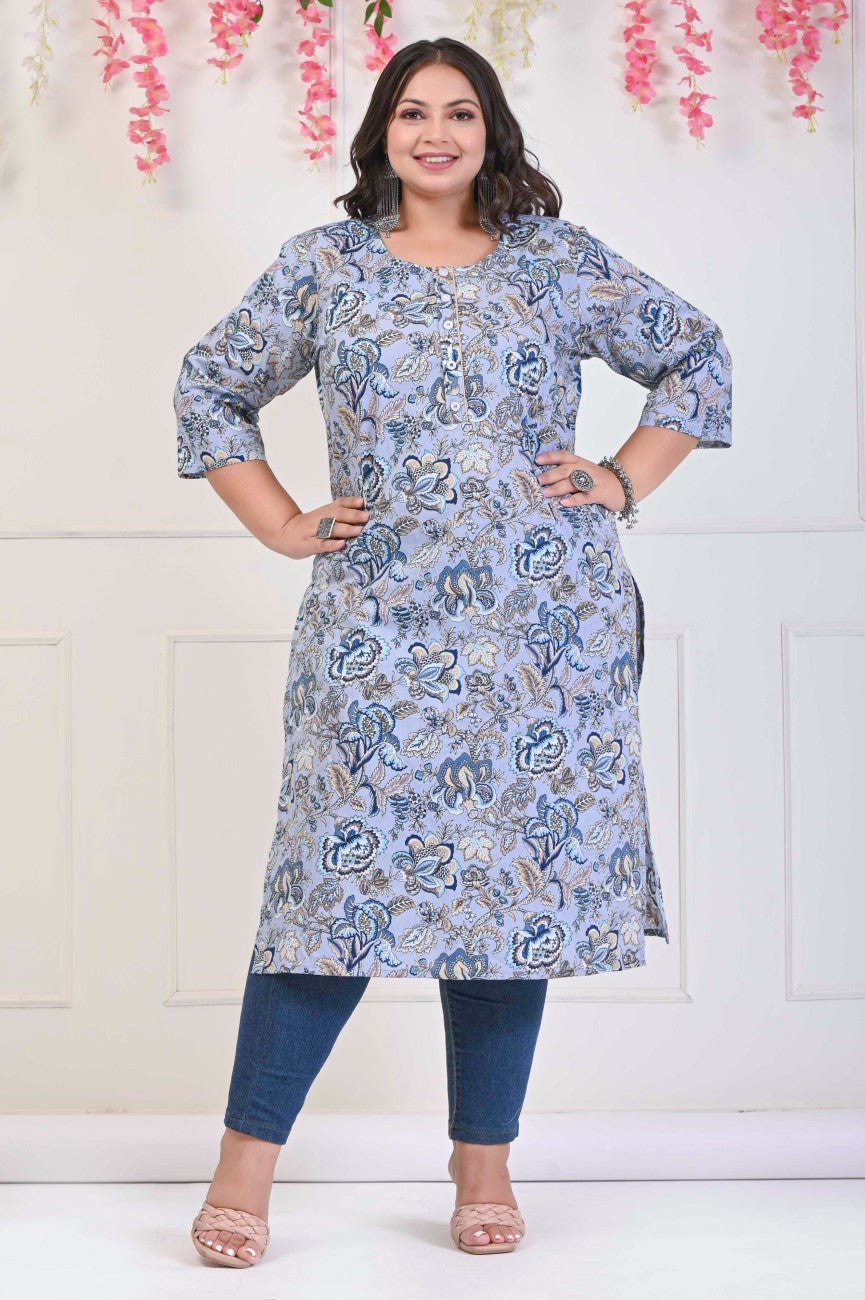 Plus Size Grey Cotton Floral Print Straight Kurta-701 Secondary image