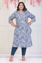 Plus Size Grey Cotton Floral Print Straight Kurta-701
