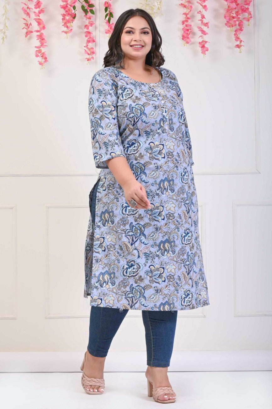 Plus Size Grey Cotton Floral Print Straight Kurta-701