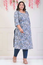 Plus Size Grey Cotton Floral Print Straight Kurta-701