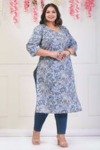 Plus Size Grey Cotton Floral Print Straight Kurta-701