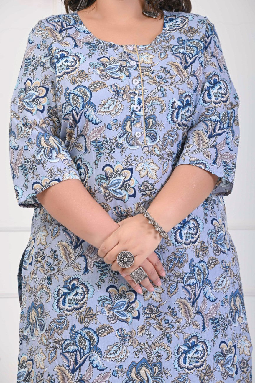 Plus Size Grey Cotton Floral Print Straight Kurta-701