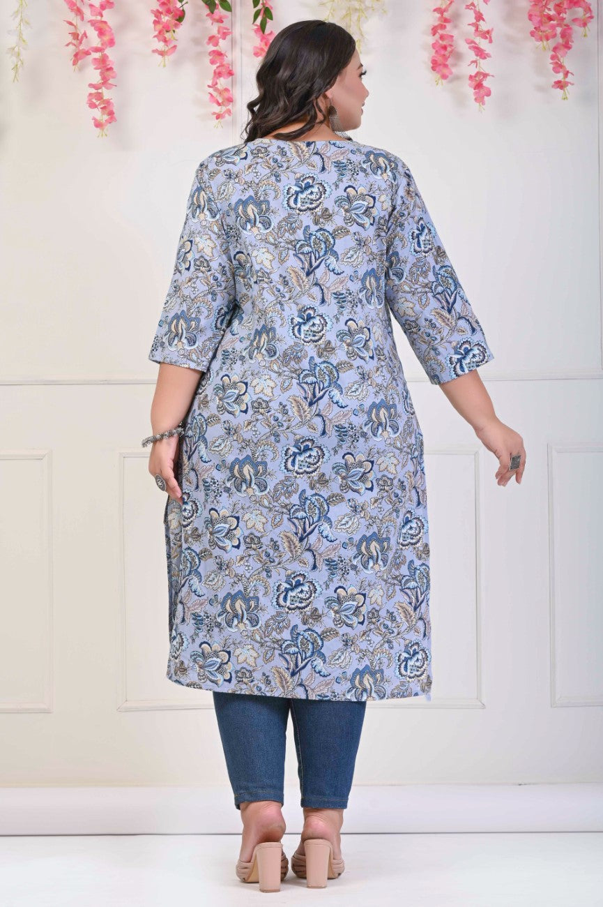 Plus Size Grey Cotton Floral Print Straight Kurta-701