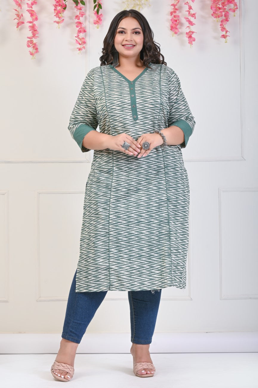 Plus Size Green Cotton Printed Straight Kurta-702 Main image