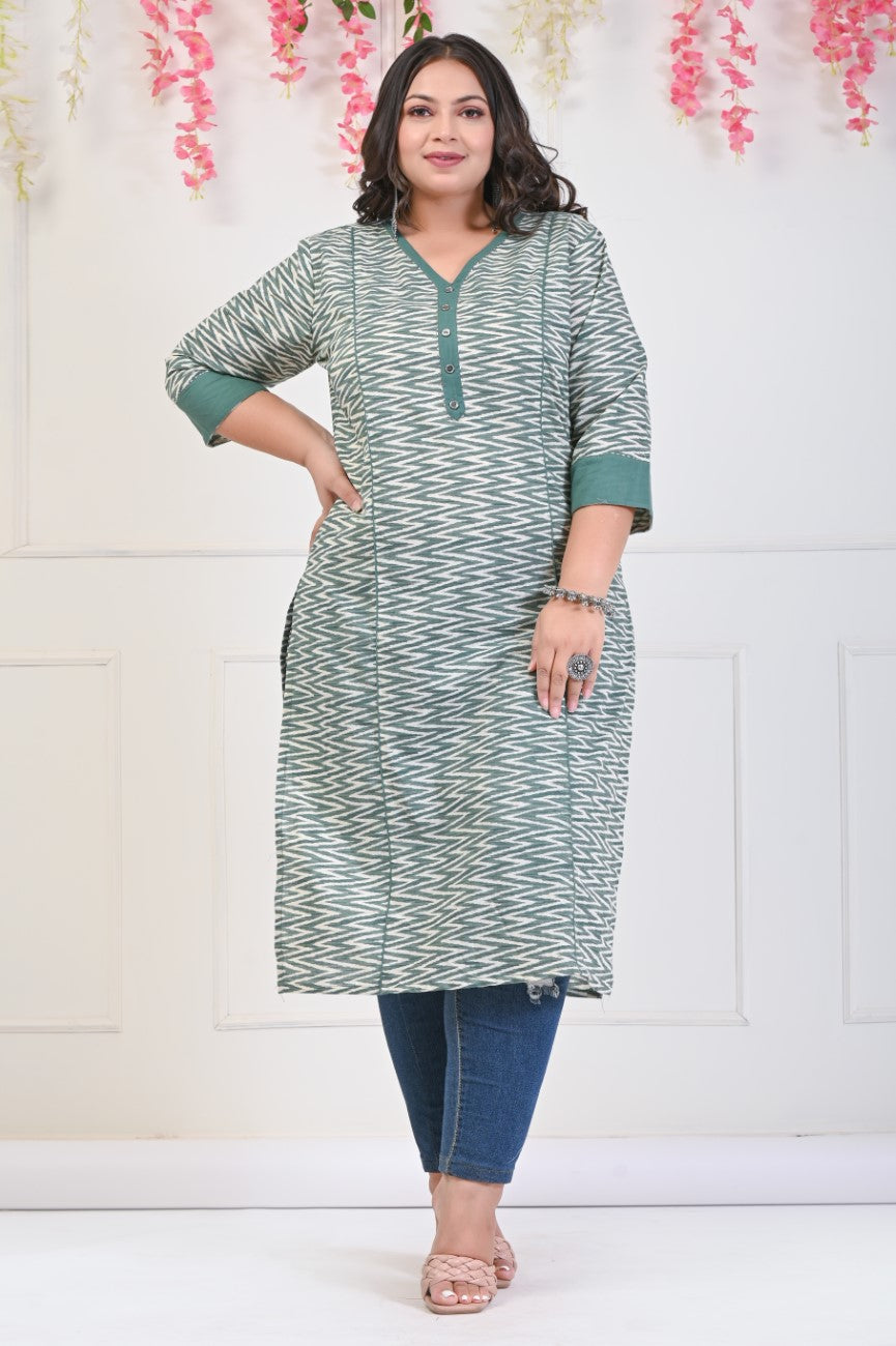 Plus Size Green Cotton Printed Straight Kurta-702