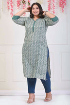 Plus Size Green Cotton Printed Straight Kurta-702