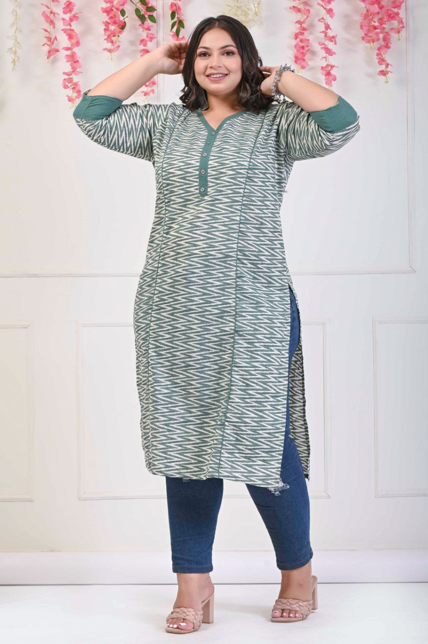 Plus Size Green Cotton Printed Straight Kurta-702