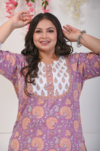 Plus Size Purple Cotton Floral Print Straight Kurta-703