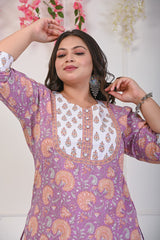 Plus Size Purple Cotton Floral Print Straight Kurta-703