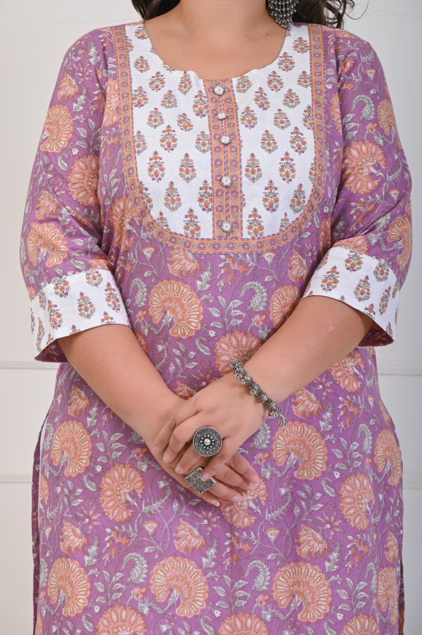 Plus Size Purple Cotton Floral Print Straight Kurta-703