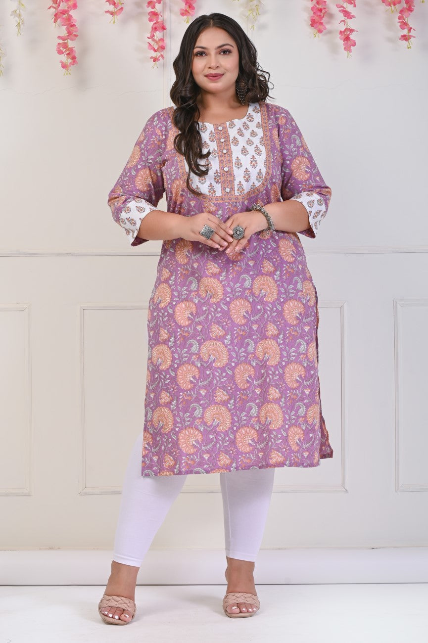 Plus Size Purple Cotton Floral Print Straight Kurta-703 Main image