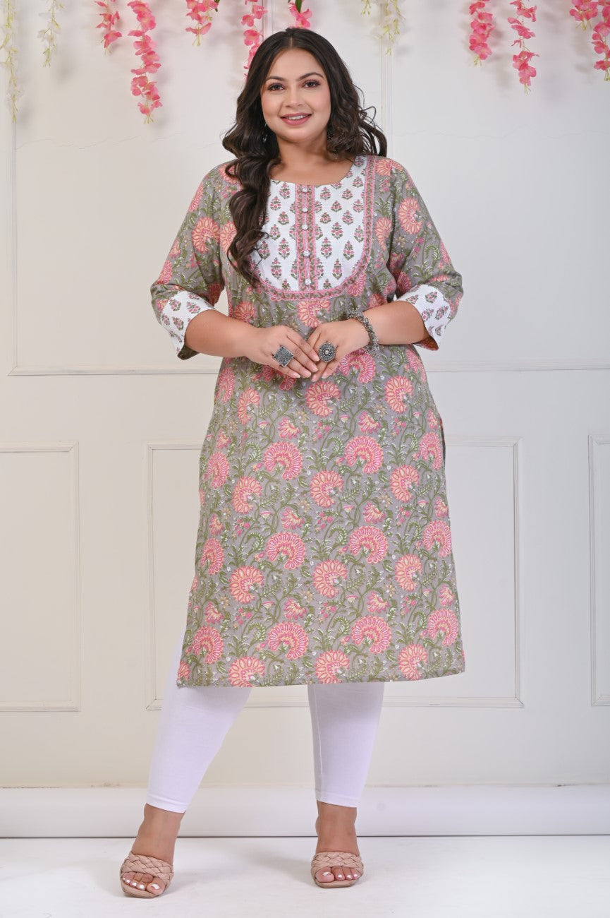 Plus Size Grey Cotton Floral Print Straight Kurta-704 Main image
