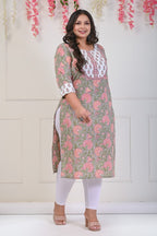 Plus Size Grey Cotton Floral Print Straight Kurta-704