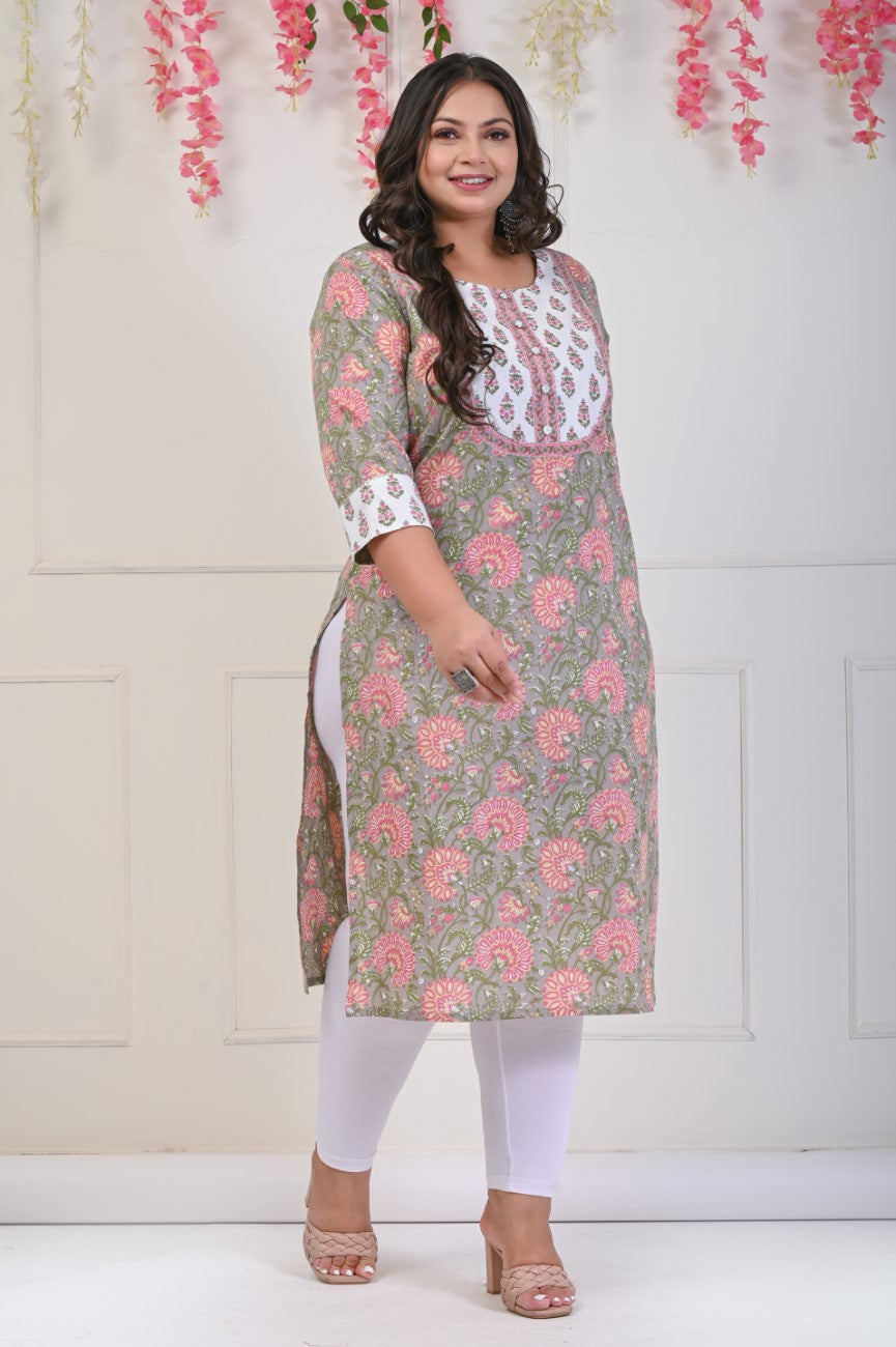 Plus Size Grey Cotton Floral Print Straight Kurta-704
