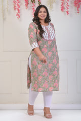 Plus Size Grey Cotton Floral Print Straight Kurta-704