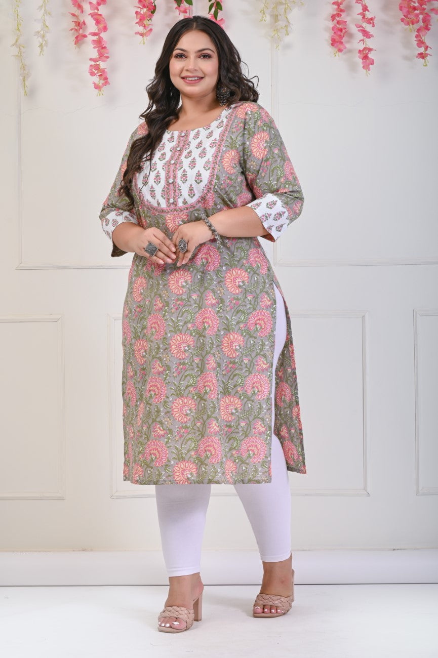 Plus Size Grey Cotton Floral Print Straight Kurta-704