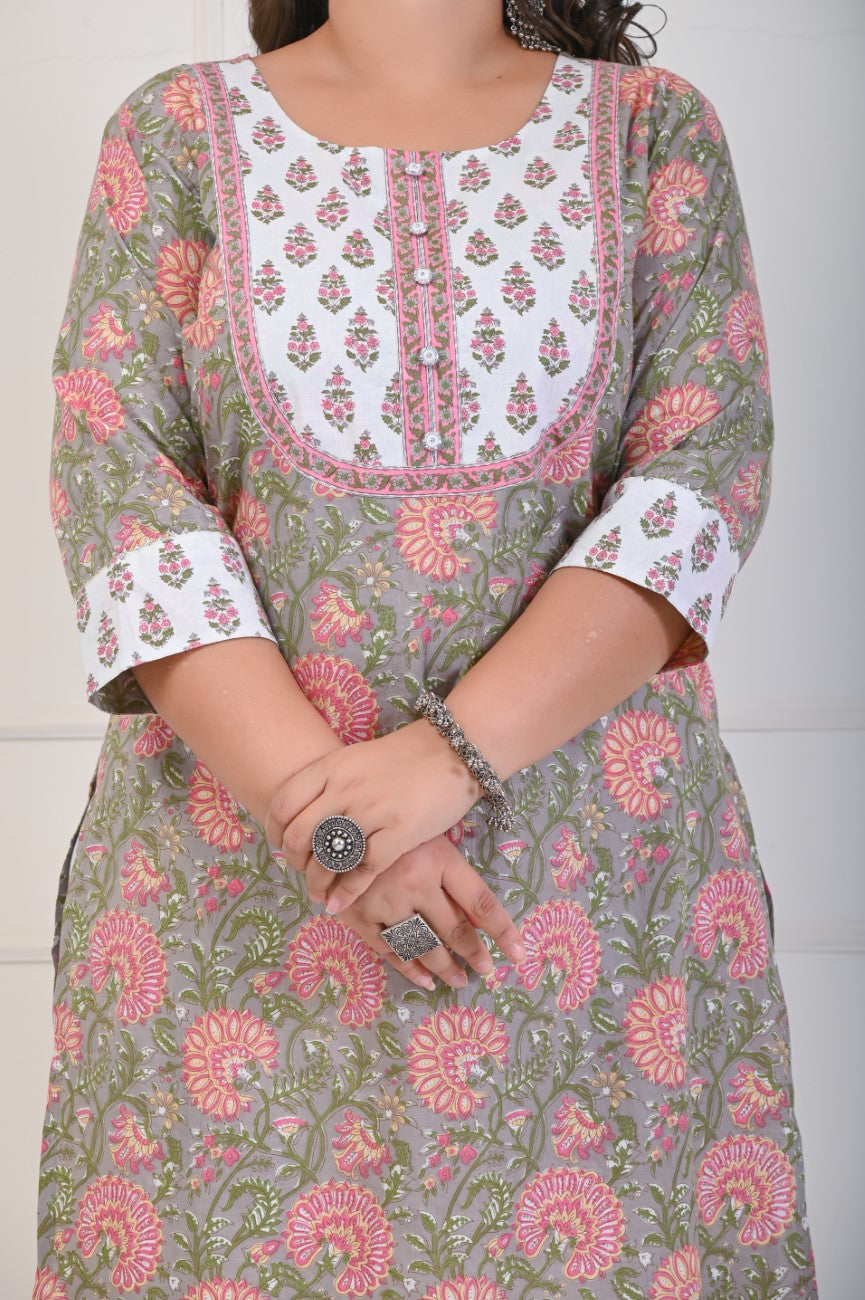 Plus Size Grey Cotton Floral Print Straight Kurta-704