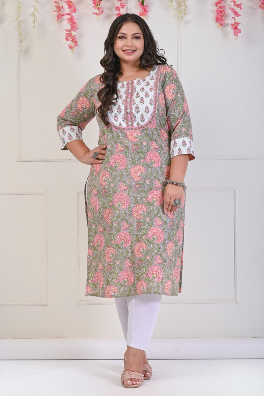 Plus Size Grey Cotton Floral Print Straight Kurta-704