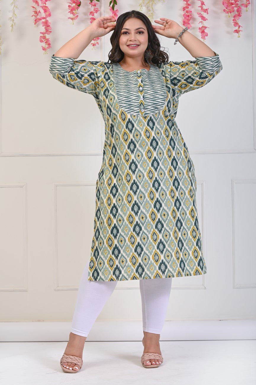 Plus Size Green Cotton Floral Print Straight Kurta-706 Secondary image