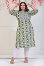 Plus Size Green Cotton Floral Print Straight Kurta-706