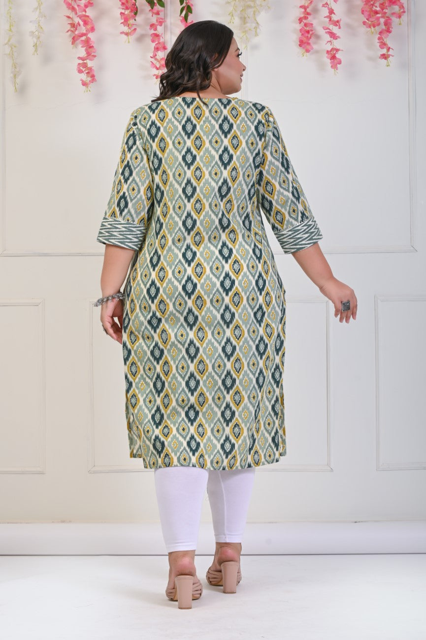 Plus Size Green Cotton Floral Print Straight Kurta-706
