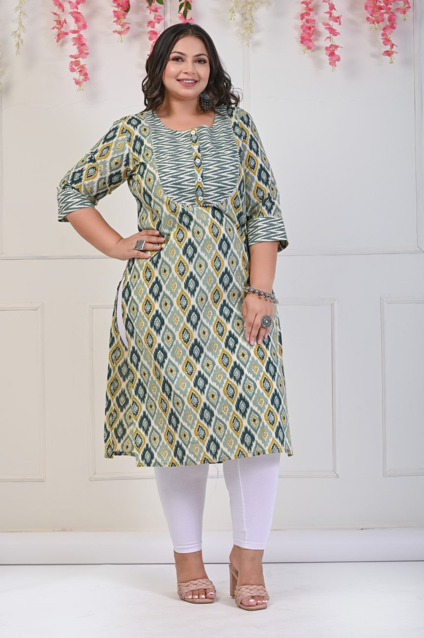 Plus Size Green Cotton Floral Print Straight Kurta-706