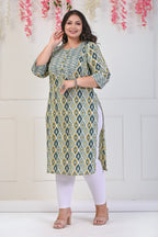 Plus Size Green Cotton Floral Print Straight Kurta-706