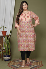 Plus Size Peach Cotton Printed Straight Kurta-708