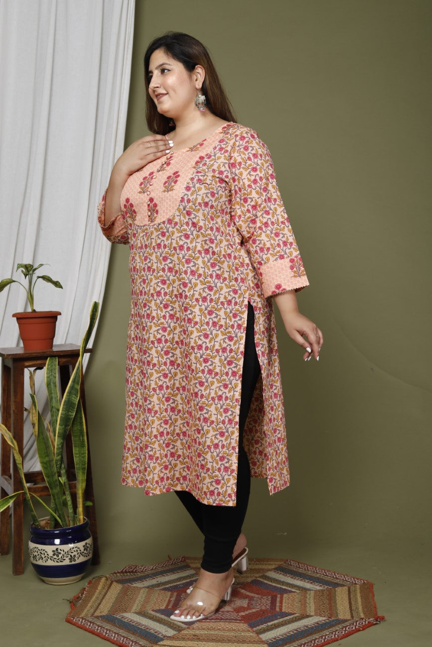 Plus Size Peach Cotton Printed Straight Kurta-708