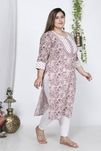 Plus Size Peach Cotton Floral Print Straight Kurta-710