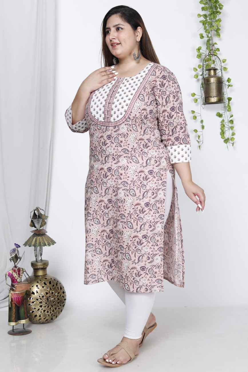 Plus Size Peach Cotton Floral Print Straight Kurta-710